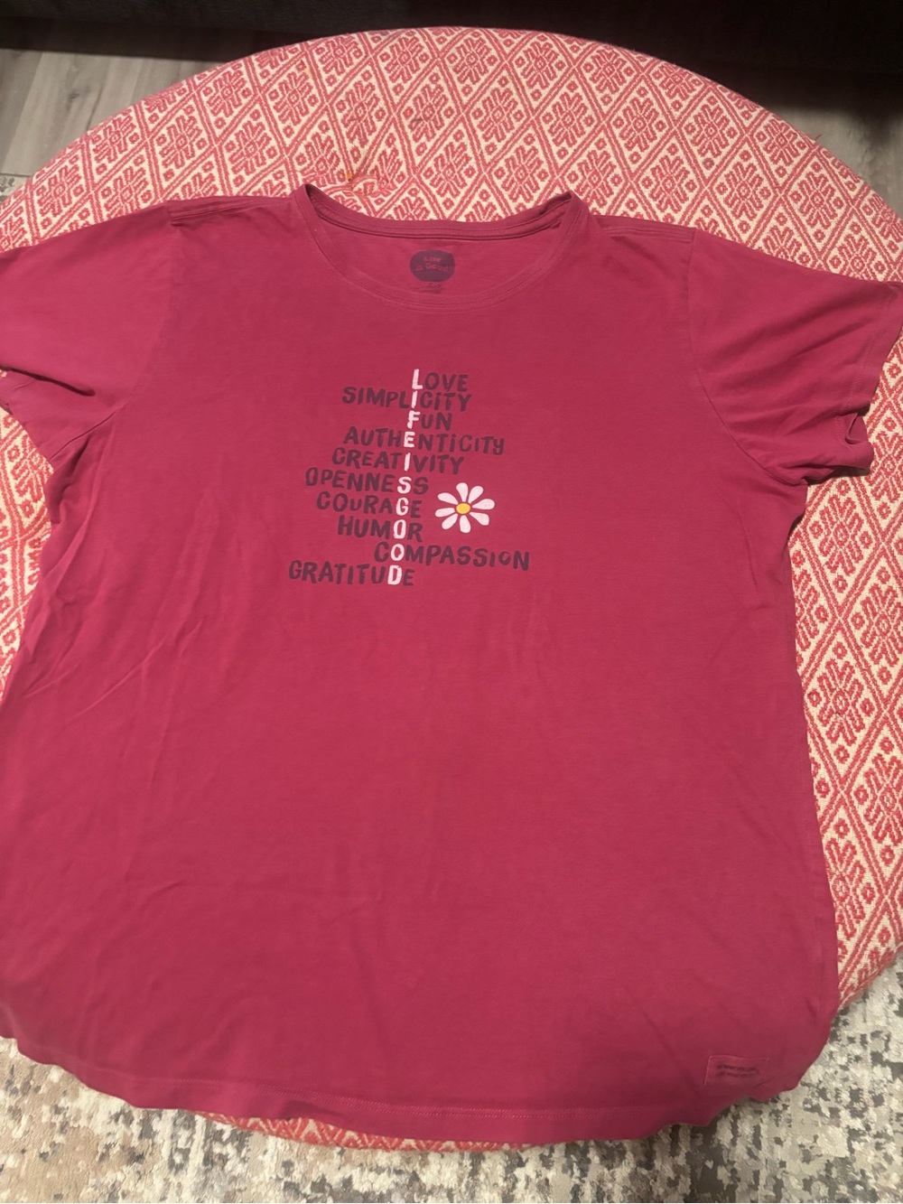Life Is Good Maroon Short Sleeve Tee with Daisy Graphic